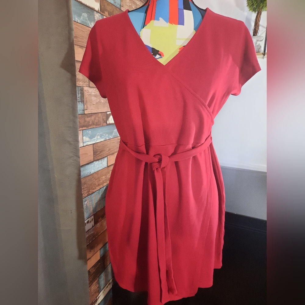 REBEL SUGAR Red Cap Sleeve Faux Wrap Dress - Size L